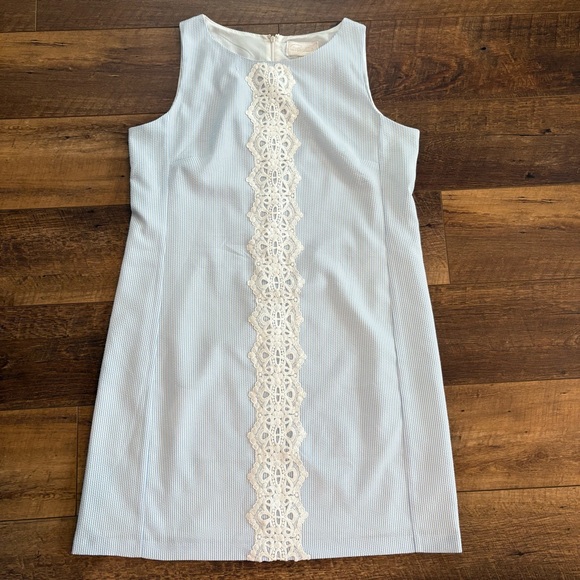 Pappagallo Seersucker Women’s Blue & White Striped Shift Dress Lace Accent - Picture 1 of 8